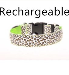 LED Dog Collar Safety Adjustable Nylon Leopard Pet Collar - Green Rechargeable, L