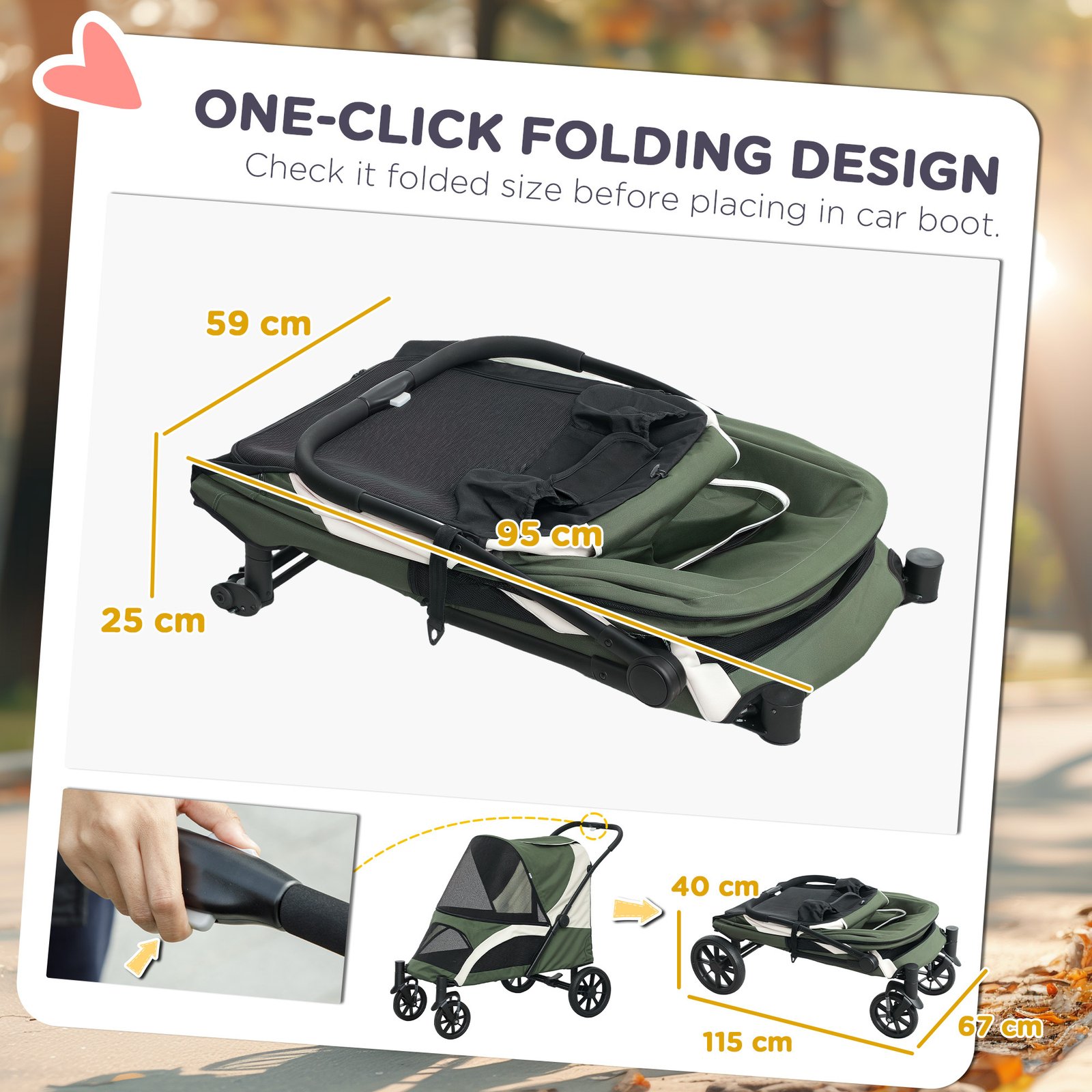 PawHut Foldable Pet Stroller For Large Dogs With Four Big Wheels, Shock-Absorbing Frame, Safety Leashes, Brakes, Dark Green - Image 5