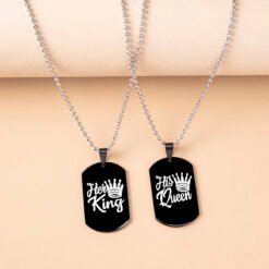 Hip Hop Her King His Queen Stainless Steel Dog Tags Couple Necklaces - Black