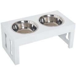 23" Modern Decorative Raised Dog Bowls, Wooden Heavy Duty Pet Food and Water Bowl, Elevated Feeding Station, White - White, 655x365x165 mm