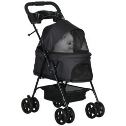 PawHut Dog Pram Dog Stroller Foldable Pet Pushchair With 4 Wheels, Safety Leashes, Cup Holder For Small Dogs, Black