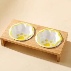 Pet Supplies Bamboo Frame Hand Colored Ceramic Protection For Cervical Vertebrae Eating Drinking Samll Cat And Dog Bowls - Yellow, 2pcs