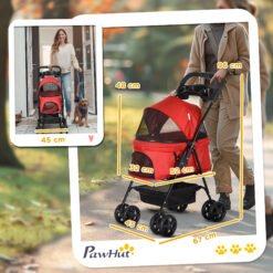 Alternative view of PawHut Dog Pram Dog Stroller Foldable Pet Pushchair With 4 Wheels, Safety Leashes, Cup Holder For Small Dogs, Red