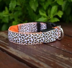 LED Dog Collar Safety Adjustable Nylon Leopard Pet Collar - Orange, L