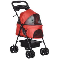 PawHut Dog Pram Dog Stroller Foldable Pet Pushchair With 4 Wheels, Safety Leashes, Cup Holder For Small Dogs, Red - Red