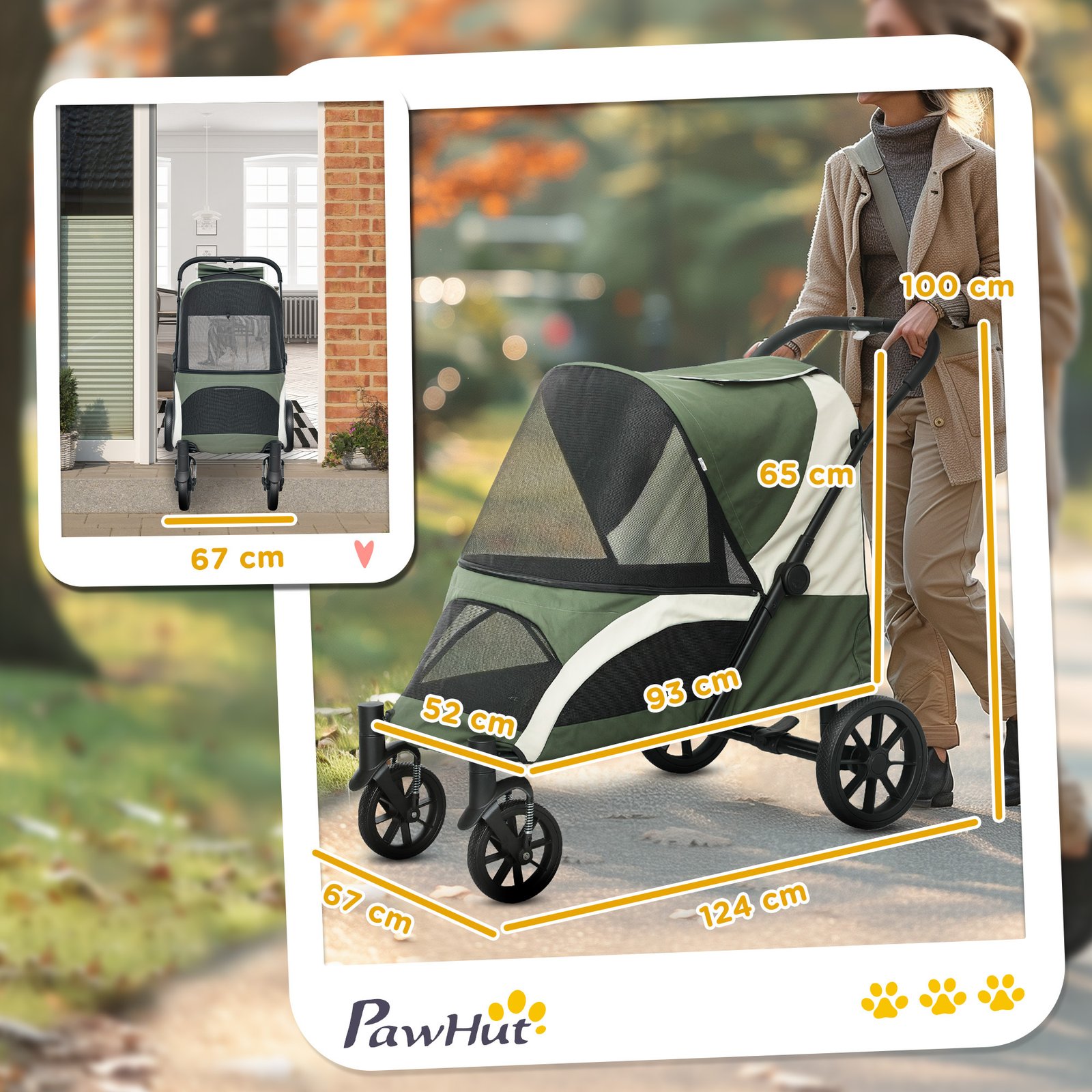 PawHut Foldable Pet Stroller For Large Dogs With Four Big Wheels, Shock-Absorbing Frame, Safety Leashes, Brakes, Dark Green - Image 4