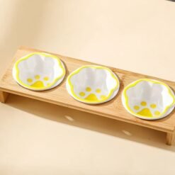 Pet Supplies Bamboo Frame Hand Colored Ceramic Protection For Cervical Vertebrae Eating Drinking Samll Cat And Dog Bowls - Yellow, 3pcs