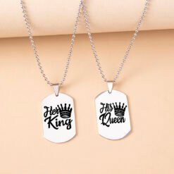 Hip Hop Her King His Queen Stainless Steel Dog Tags Couple Necklaces - Silver