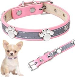 Reflective Dog Collar Leather Dog Collar For Small Medium Large Dogs Cats Adjustable Girl Puppy Dog Collars With Cute Paw Rivet - S
