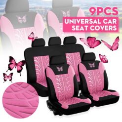 9PCS Universal Car Seat Covers Full Set Protector Cushion Front Rear 3D Butterfly Embroidery Pattern, Pink
