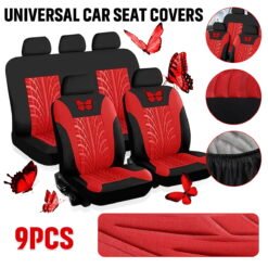9PCS Universal Car Seat Covers Full Set Protector Cushion Front Rear 3D Butterfly Embroidery Pattern, Red