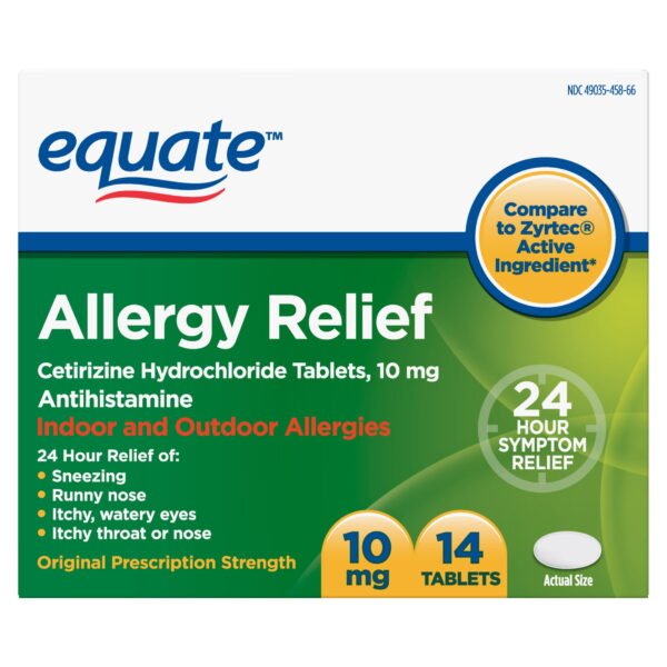 Equate 24 Hour Cetirizine Hydrochloride Allergy Relief Tablets, 10 mg, 14 Count