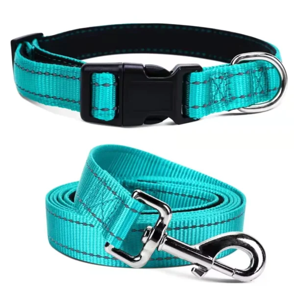 Jumpress Reflective Dog Collar and Leash set, Durable Padded Large Dogs Collar and 5ft Leash, Teal,L