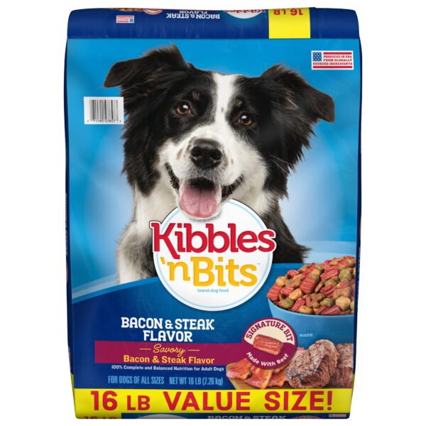 Kibbles 'n Bits Dry Dog Food for Adult Dogs, Savory Bacon & Steak Flavor, 16 lb. Bag
