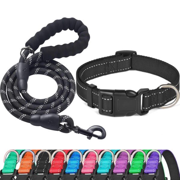 Levviye Reflective Dog Collar & Leash Set with Foam Handle for Walking, Black L
