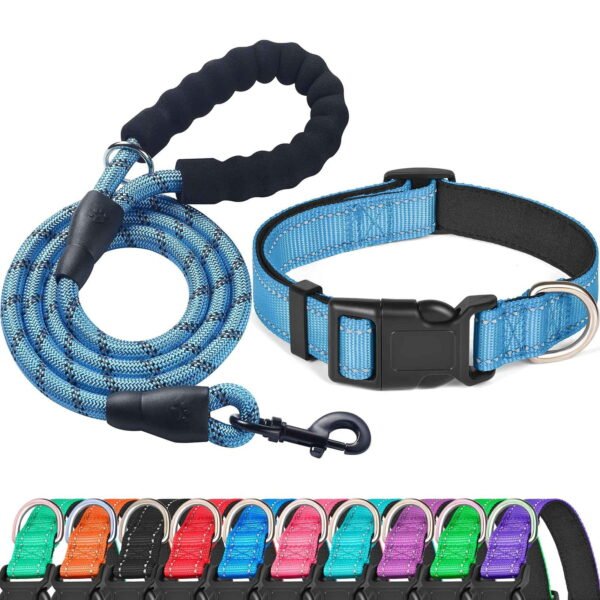 Levviye Reflective Dog Collar & Leash Set with Foam Handle for Walking, Blue S