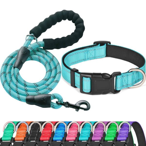 Levviye Reflective Dog Collar & Leash Set with Foam Handle for Walking, Light Blue L