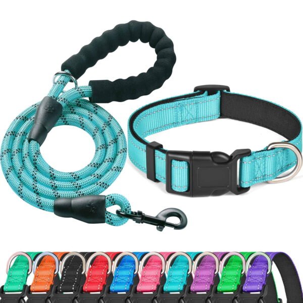 Levviye Reflective Dog Collar & Leash Set with Foam Handle for Walking, Light Blue M