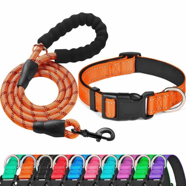Levviye Reflective Dog Collar & Leash Set with Foam Handle for Walking, Orange L