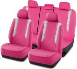PIC AUTO Car Seat Covers - Sparkly Hot Pink Leather with Bling Glitter, Full Set, Waterproof, Airbag Compatible, Universal Fit