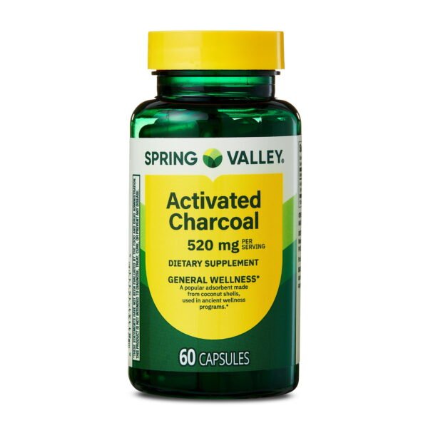 Spring Valley Activated Charcoal Dietary Supplement Capsules for General Wellness, 520 mg, 60 Count