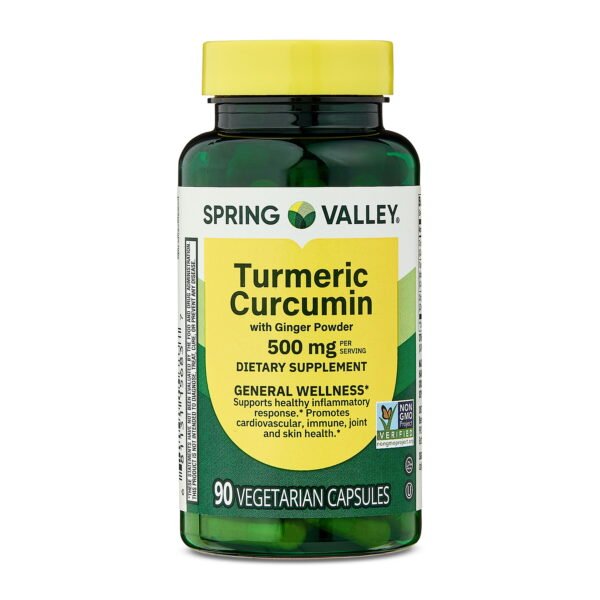 Spring Valley Turmeric Curcumin with Ginger Powder Dietary Supplement Vegetarian Capsules for General Wellness, 500 mg, 90 Count