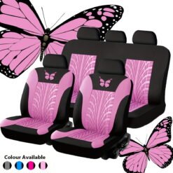 Universal Car Seat Covers Full Set Protector Cushion Front Rear 3D Butterfly Embroidery Pattern, Pink