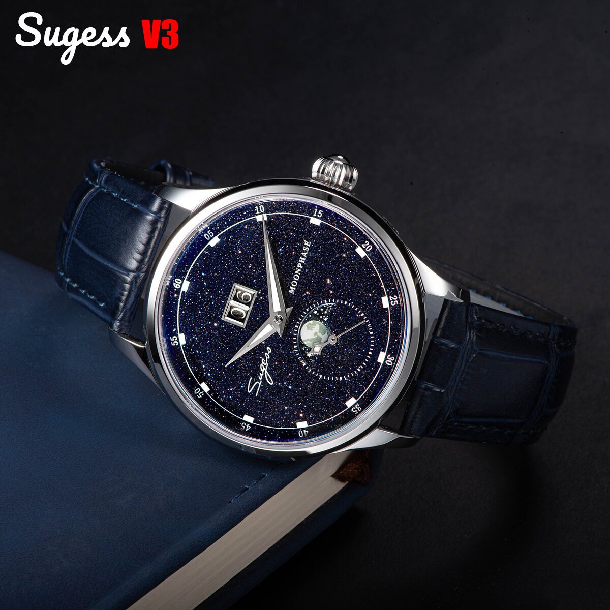 sugess moonphase watch of men 40mm automatic mechanical wristwatches origin st2528 movement stainless steel blue sandstone dials