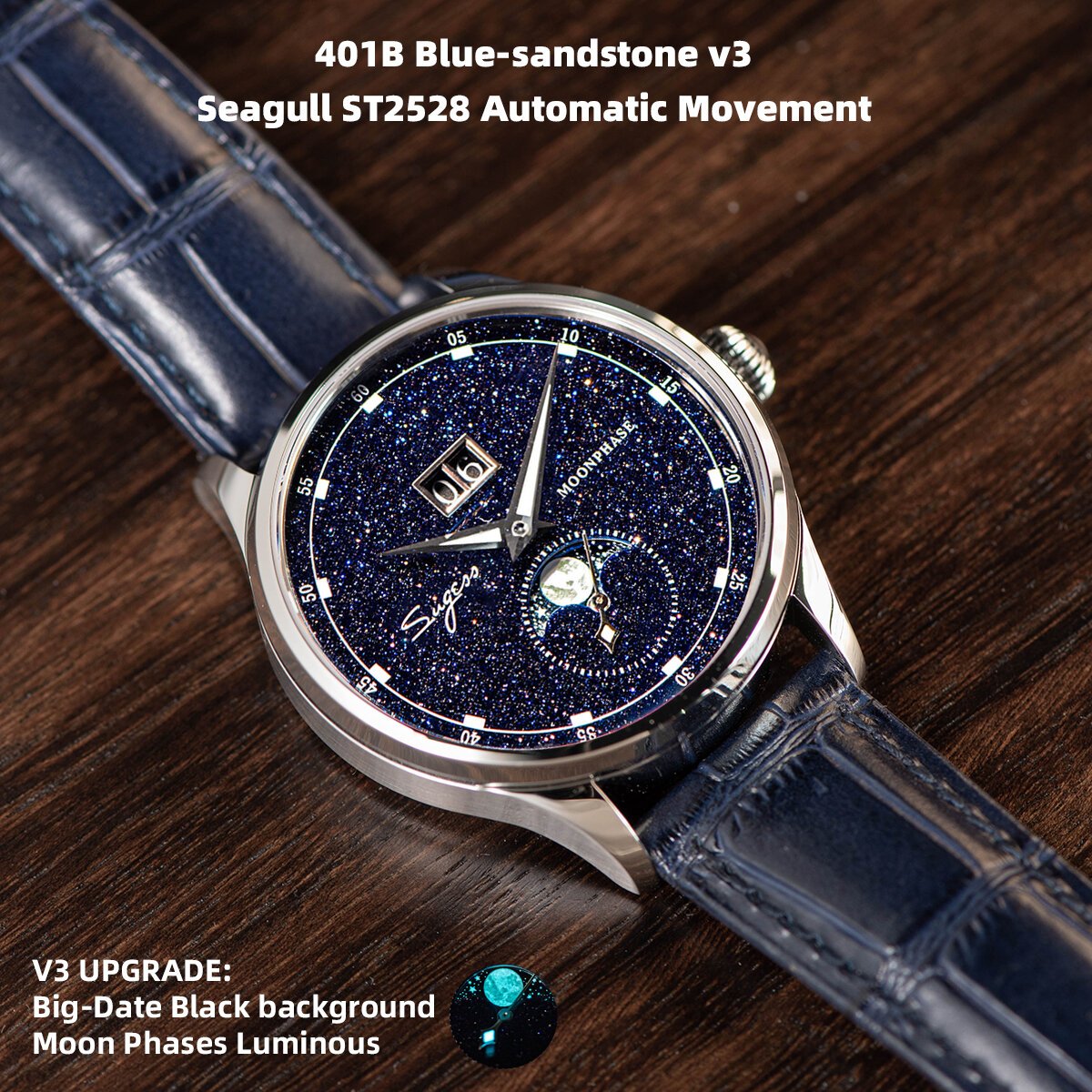 sugess moonphase watch of men 40mm automatic mechanical wristwatches origin st2528 movement stainless steel blue sandstone dials sugess moonphase watch of men 40mm automatic mechanical wristwatches origin st2528 movement stainless steel blue sandstone dials