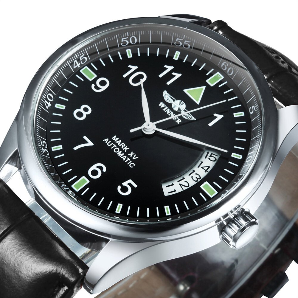 winner business automatic watch for men calendar window fashion black dial fashion leather strap luxury brand mechanical watches