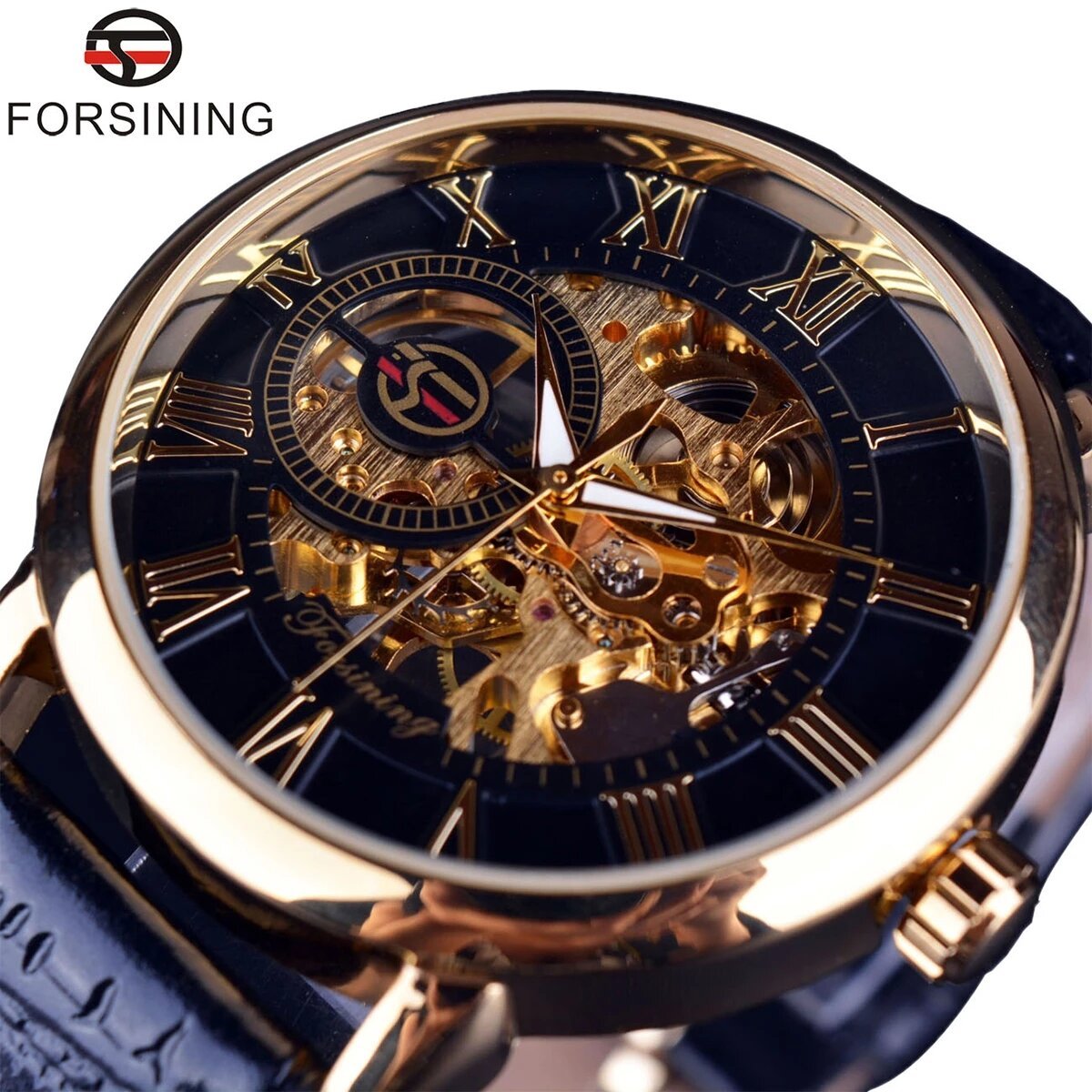 forsining 3d logo design hollow engraving black golden case leather skeleton mechanical watches men luxury brand heren horloge