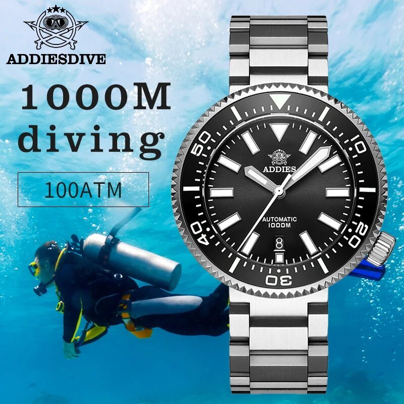addiesdive men's diver's watches 1000m sapphire glass super luminous calendar 8215 automatic mechanical wristwatch luxury watch