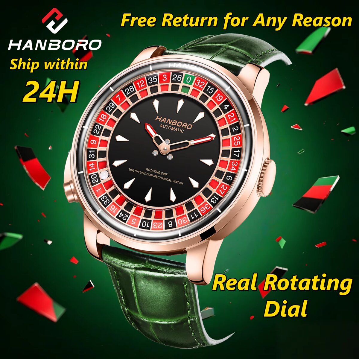 hanboro men's fully automatic mechanical watch casino wheel rotating dial luxury rose gold unique personalized watch hanboro men's fully automatic mechanical watch casino wheel rotating dial luxury rose gold unique personalized watch
