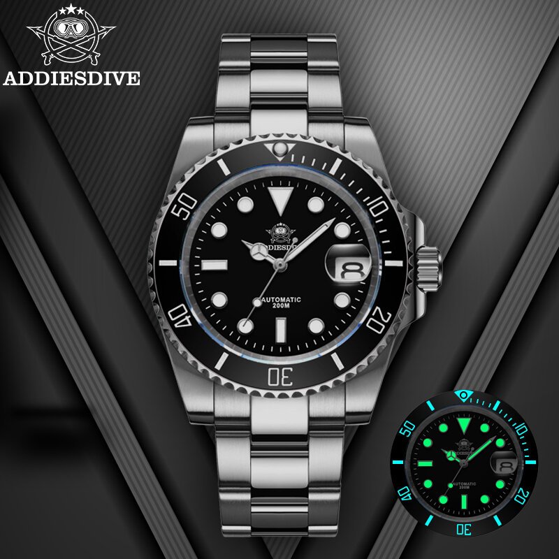 addiesdive luxury men's automatic watch 8215 mechanical watch bgw9 luminous sapphire glass diver's watch men analog watch ad2503