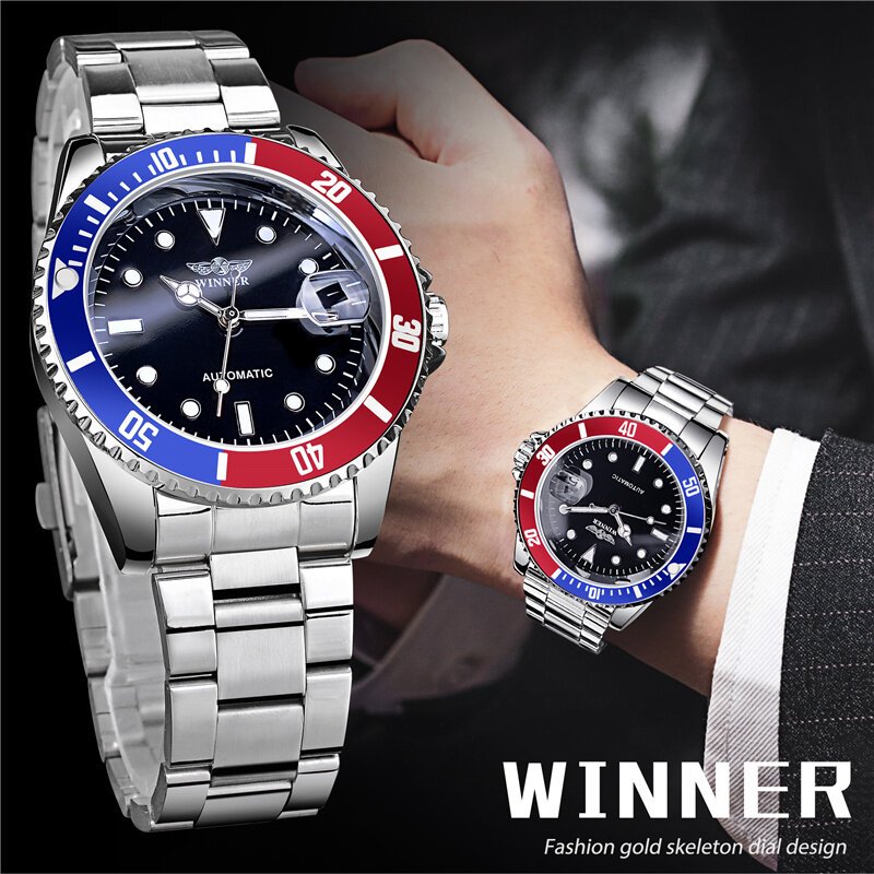 winner 002 automatic mechanical wristwatch for male luminous hands date fashion stainless steel and leather strap clock gifts winner 002 automatic mechanical wristwatch for male luminous hands date fashion stainless steel and leather strap clock gifts
