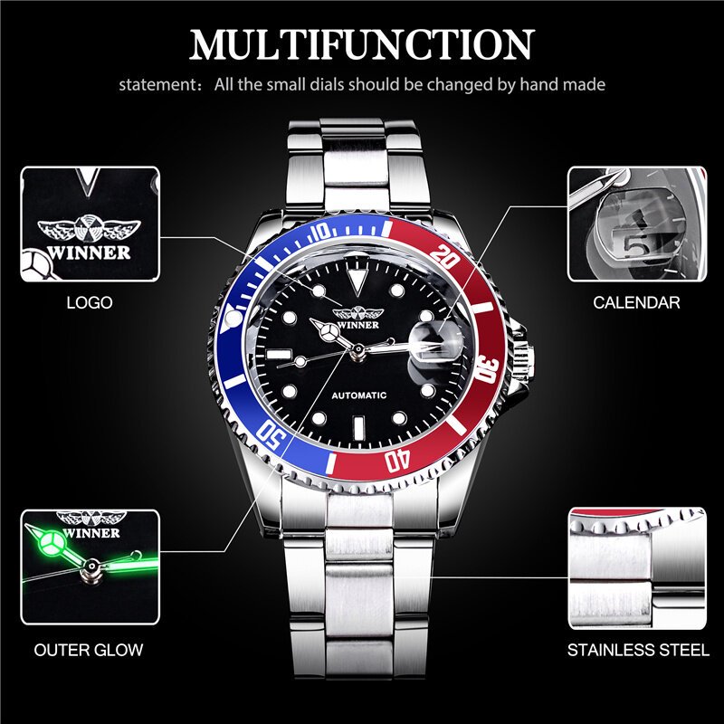 winner 002 automatic mechanical wristwatch for male luminous hands date fashion stainless steel and leather strap clock gifts winner 002 automatic mechanical wristwatch for male luminous hands date fashion stainless steel and leather strap clock gifts