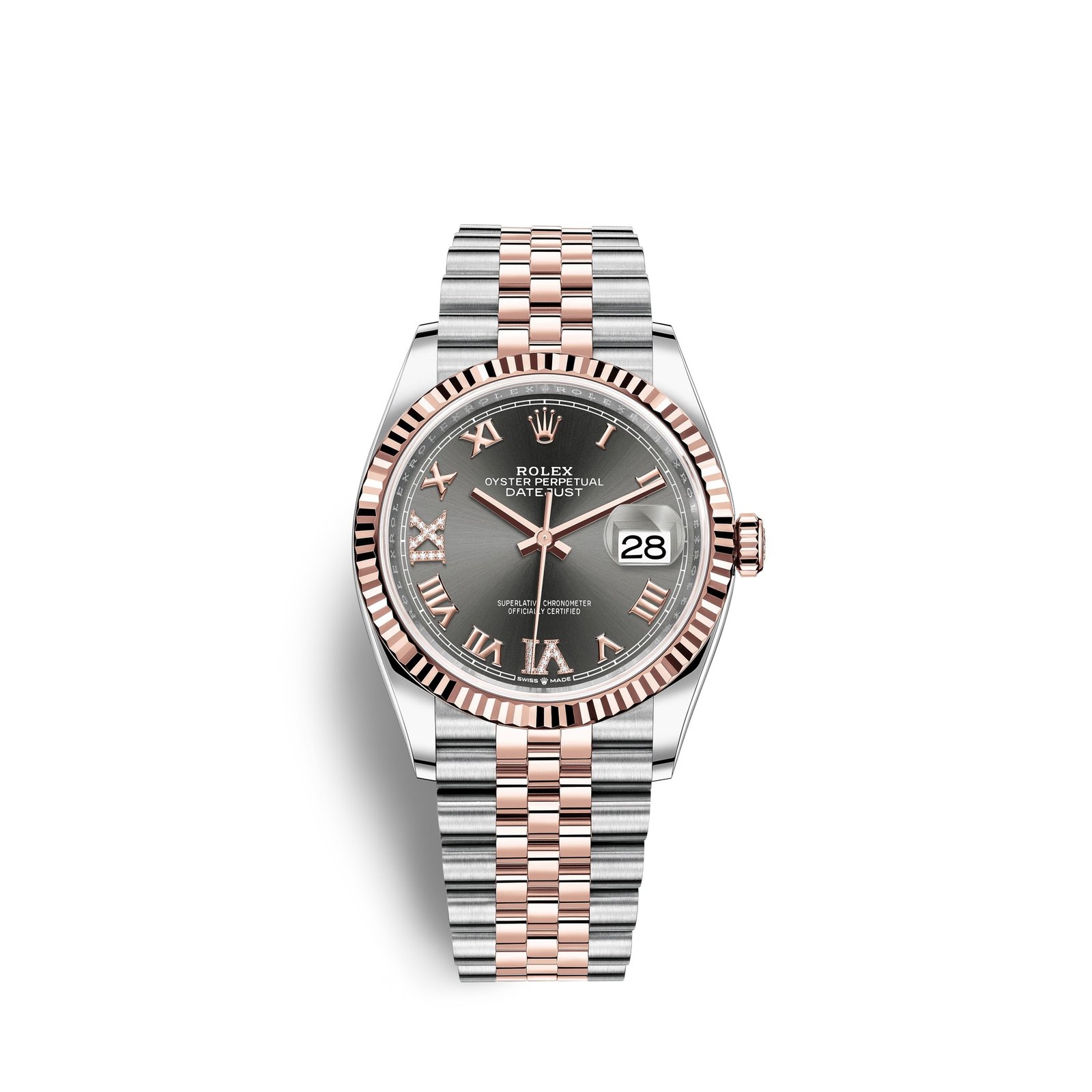 rolex datejust 36, 18k everose gold and stainless steel, 36mm, ref# 126231 0023
