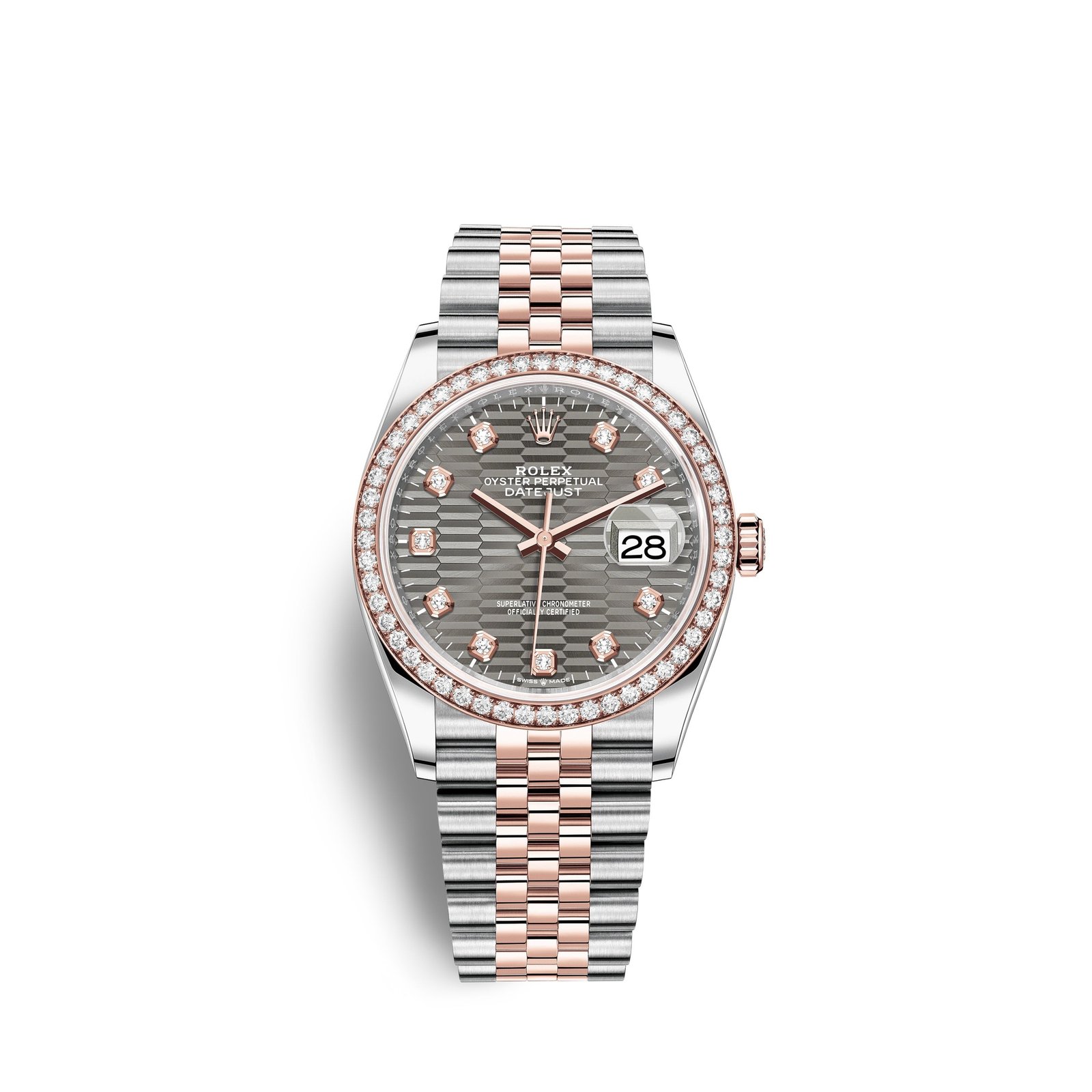 rolex datejust 36mm, oystersteel and 18k everose gold, ref# 126281rbr 0029