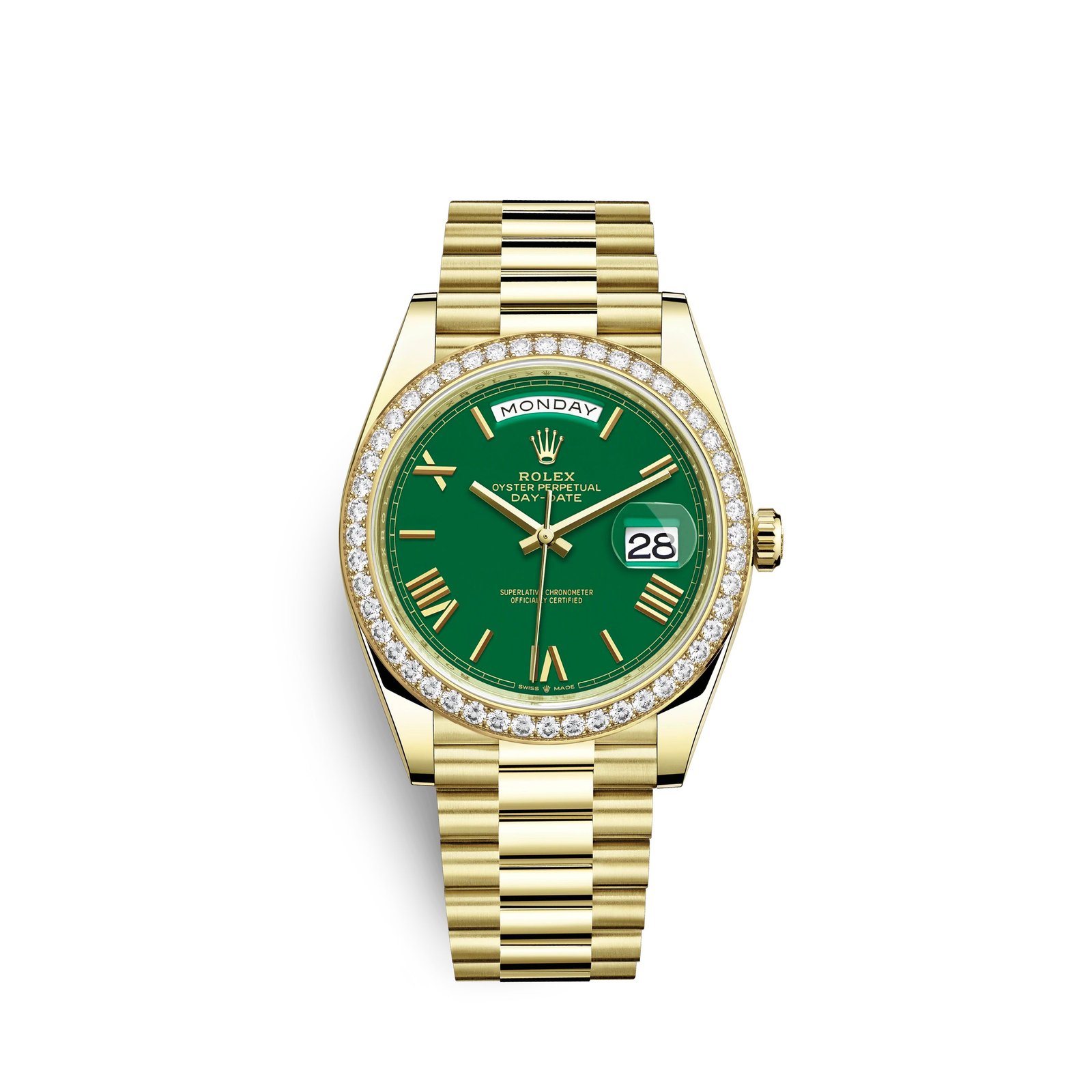 rolex day date, 40mm, 18k yellow gold and diamonds, ref# 228348rbr 0040