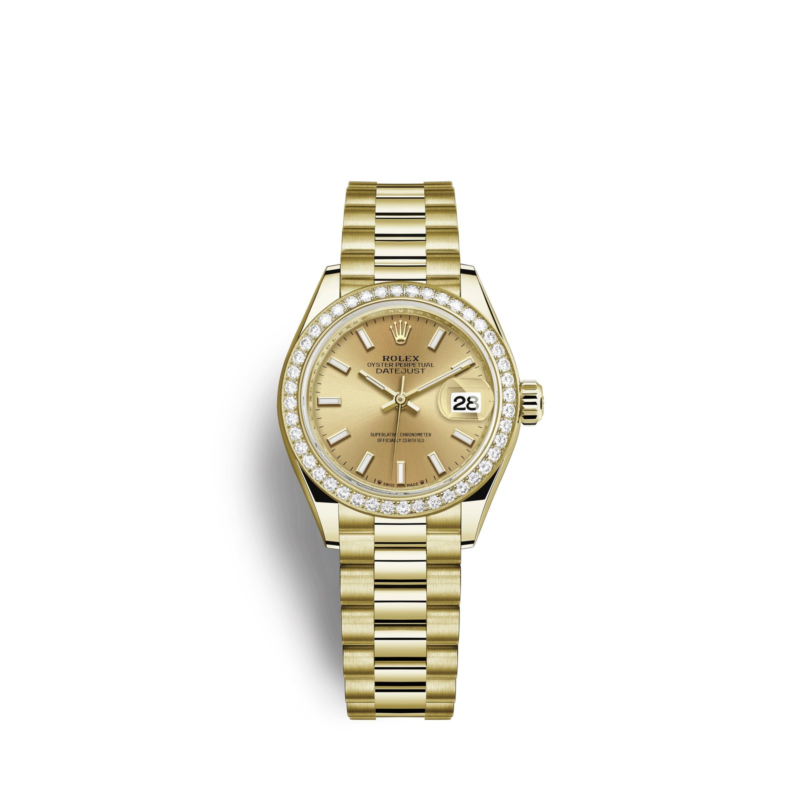 rolex lady datejust 28, 18kt yellow gold and diamonds, ref# 279138rbr 0014