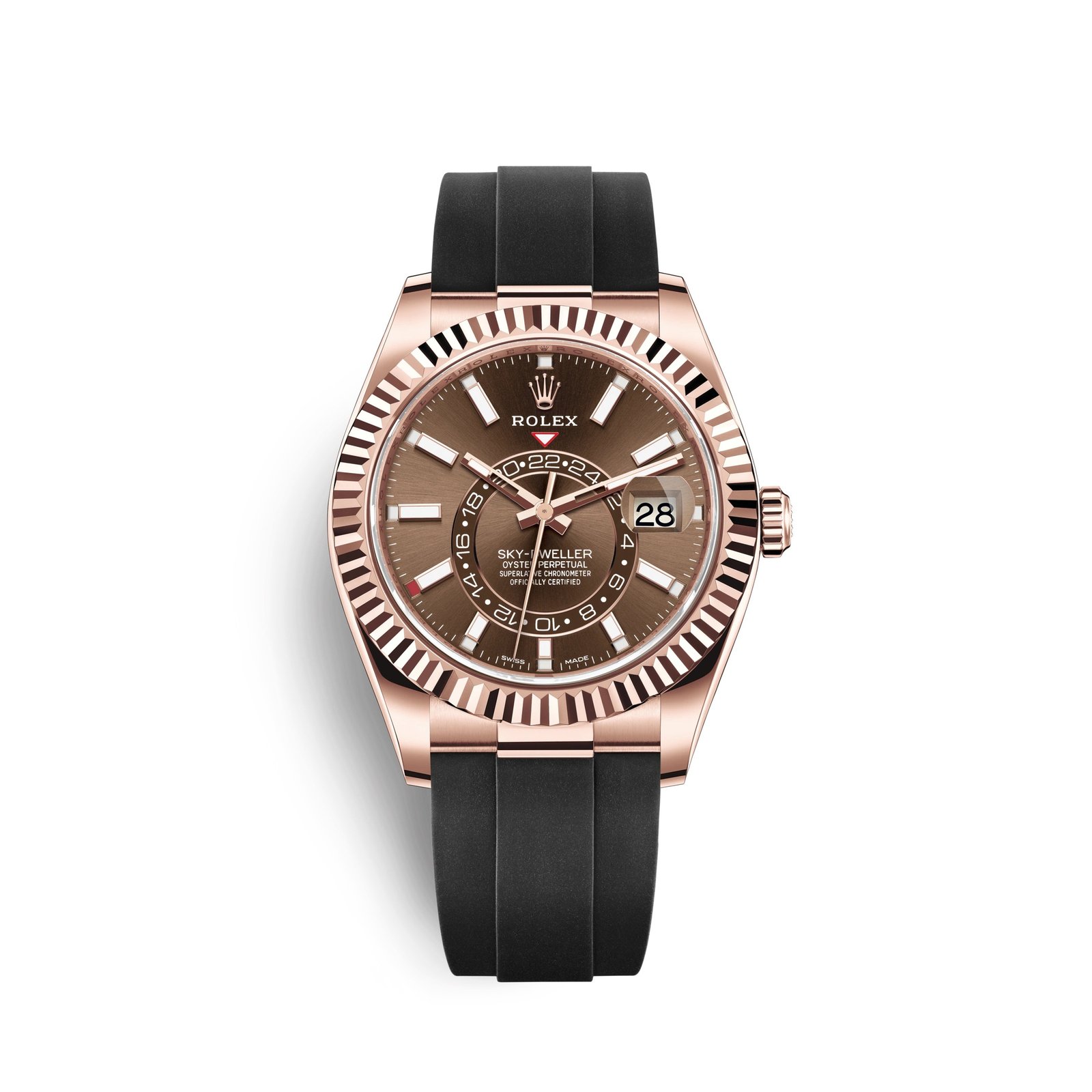 rolex sky dweller 42mm, 18k everose gold, oysterflex, ref# 326235 0005